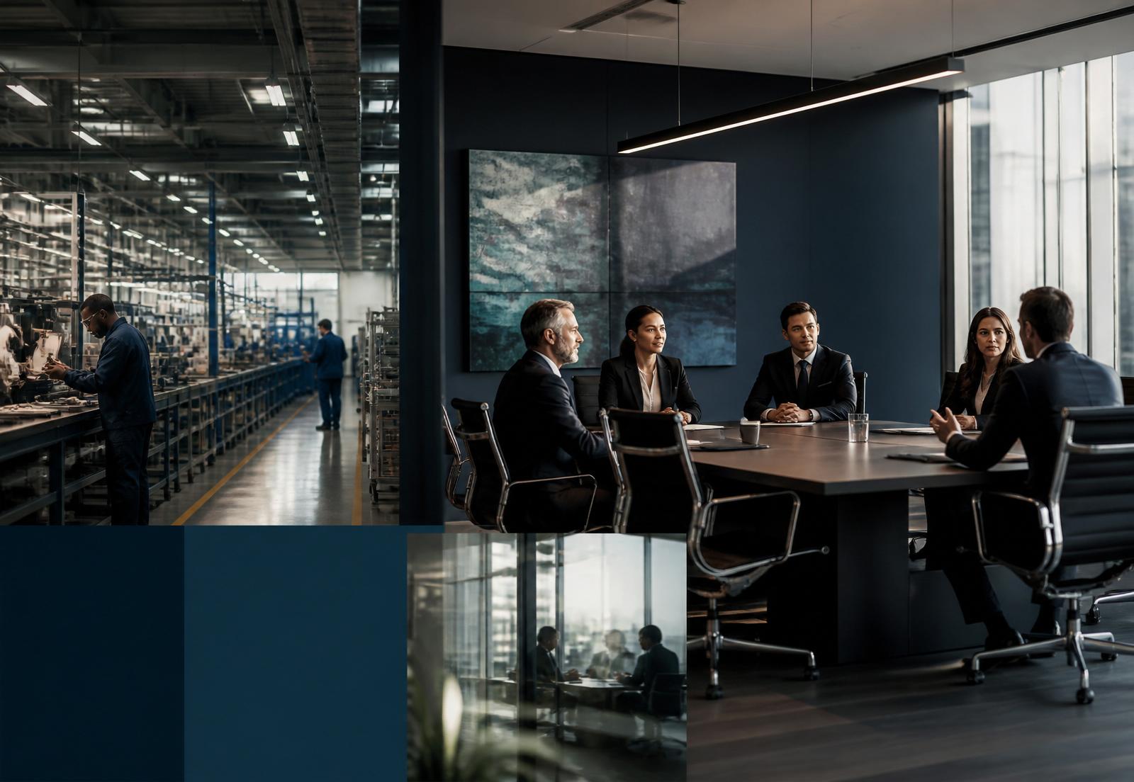 A modern manufacturing floor alongside an executive boardroom — the breadth of businesses Qualiteq Capital serves
